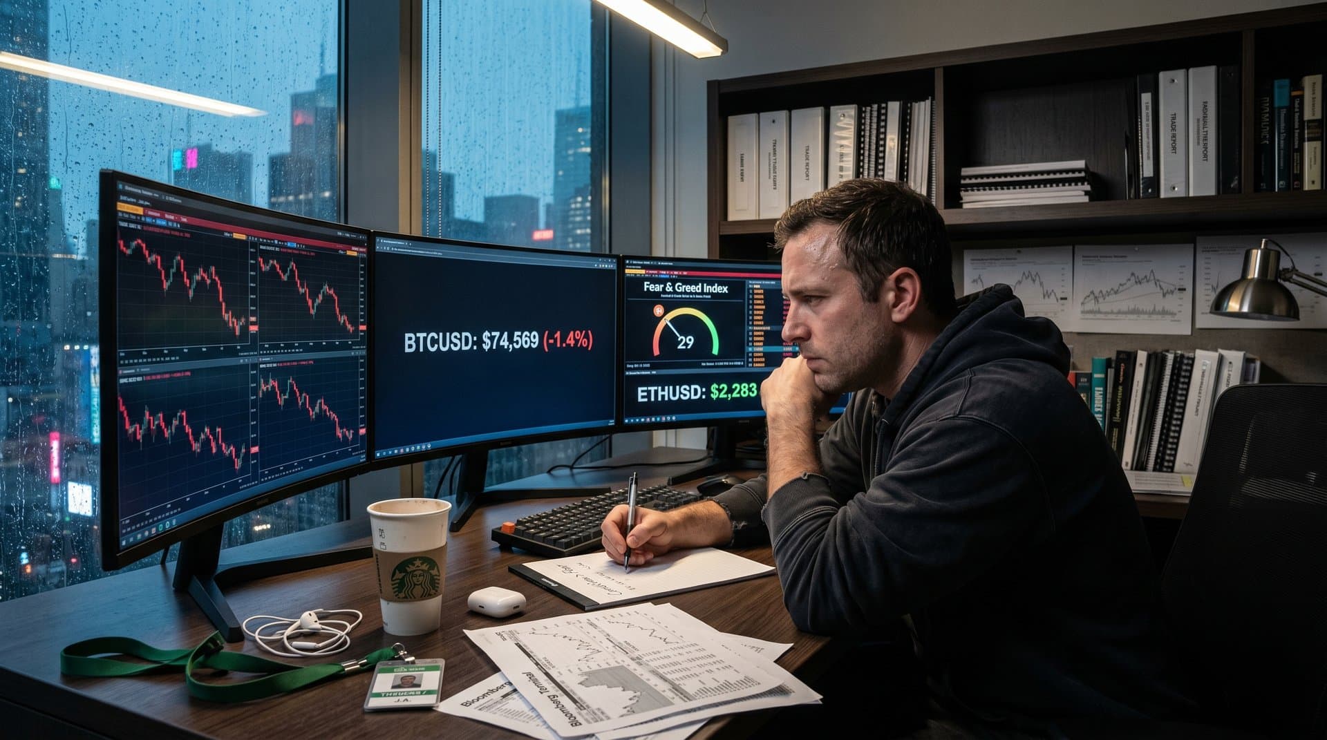 Trader at desk with AI stocks and crypto charts showing market dip on trading floor