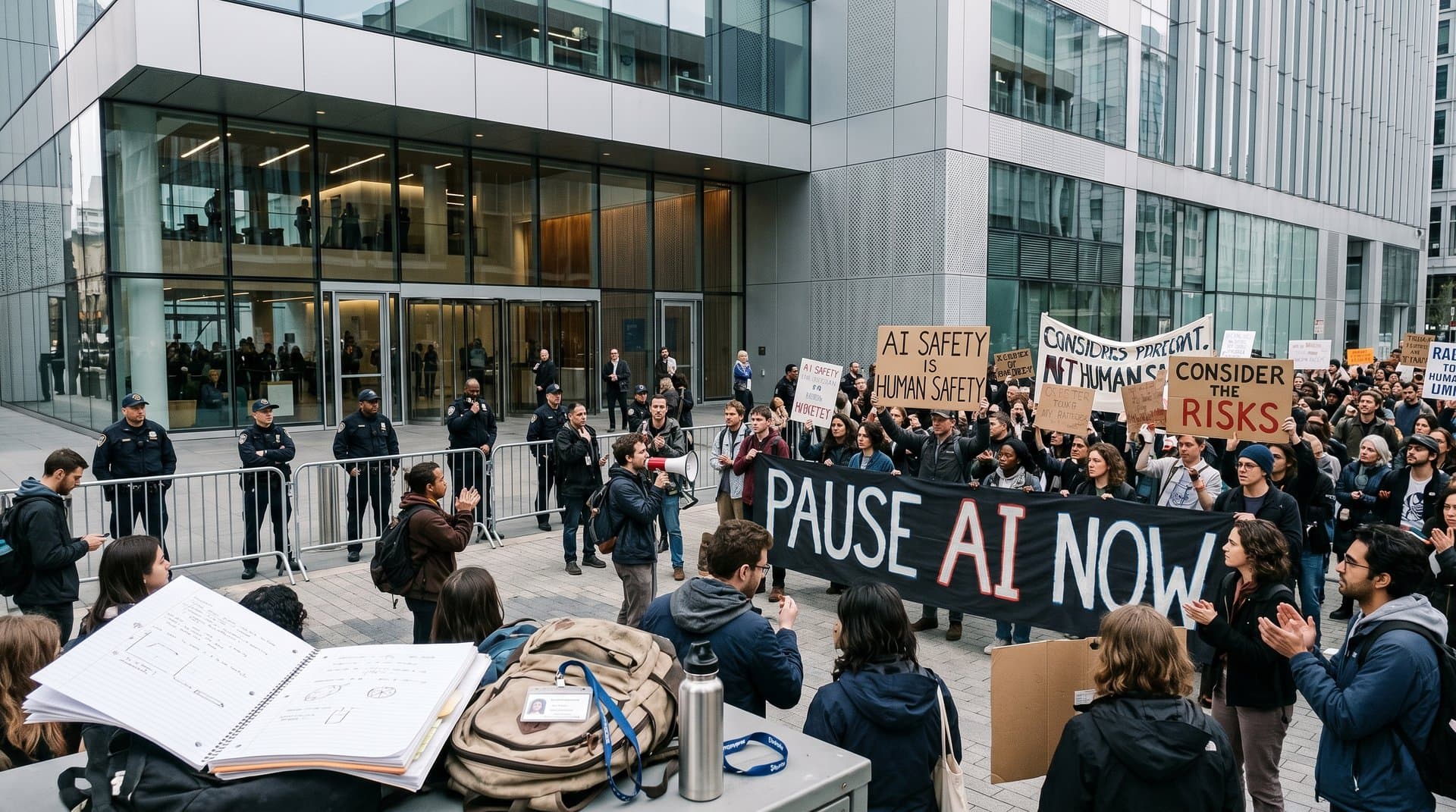 AI doomers protest outside Nvidia HQ with Pause AI signs, family photos, and BTC Fear Index ticker amid Silicon Valley tensions