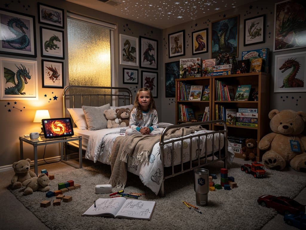 Child in bedroom listens to glowing tablet AI bedtime reader, parent holds storybook in doorway, highlighting emotional disconnect