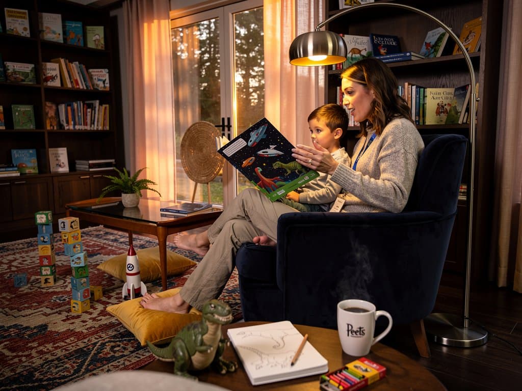 Mother and child sharing a bedtime storybook in cozy living room, bookshelves and warm lighting evoke family bonding
