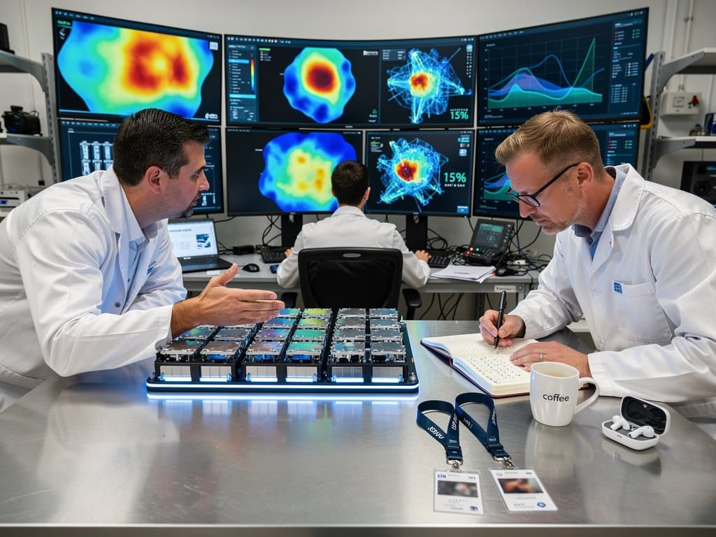 Engineers in BMW research lab collaborate on AI battery production screens showing heat maps, prototype cells, and yield data
