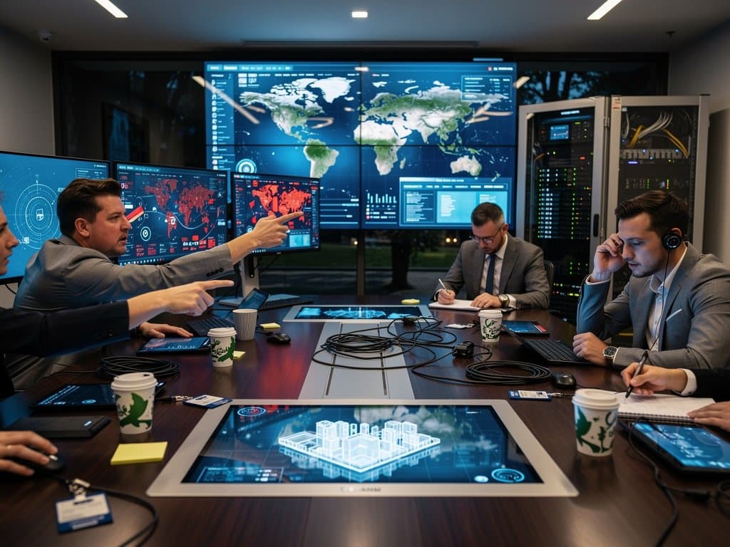 High-tech war room with glowing threat maps and AI simulations under LED lights
