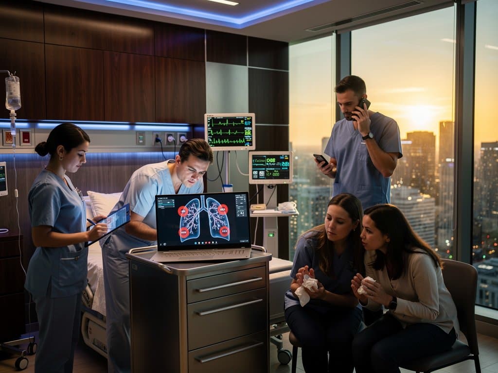 Doctor reviews flawed AI medical scan in tense hospital room with anxious family nearby
