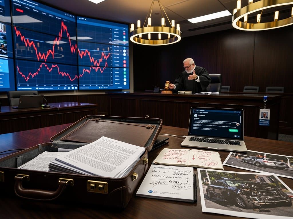 Courtroom scene with gavel, legal documents on AI liability, abstract crash footage screens, and stormy skyline