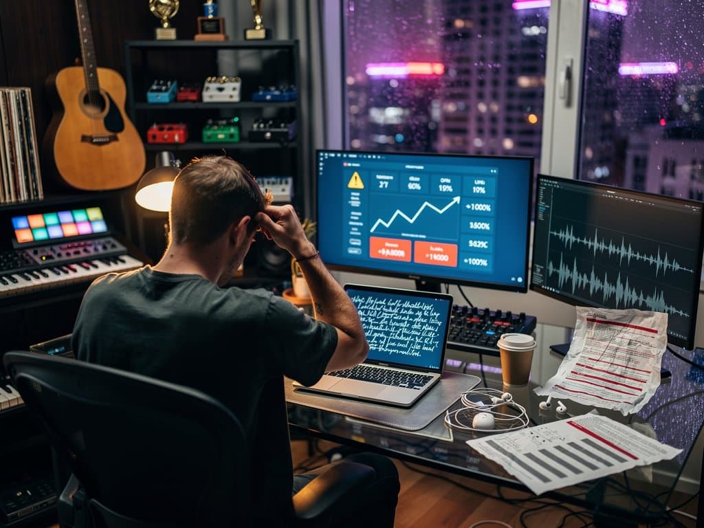 Indie musician in home studio views Deezer dashboard with 44% AI warnings and declining royalties amid guitars and tech screens
