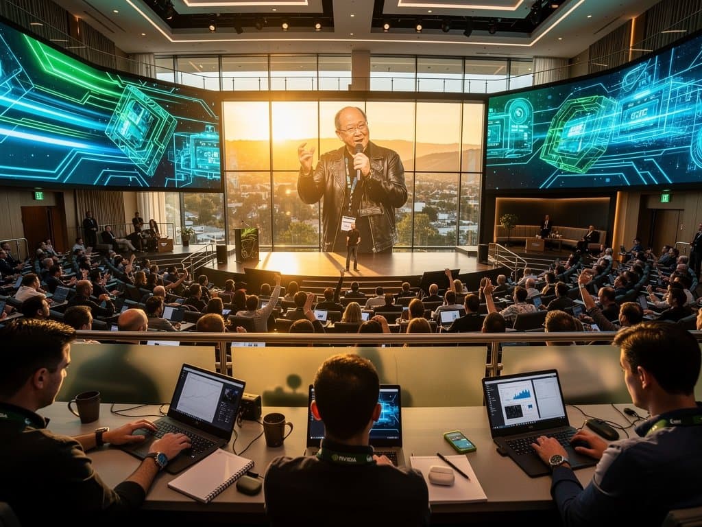 Conference stage with spotlighted speaker in leather jacket, packed audience, financial screens, and glowing GPU visuals in modern hall