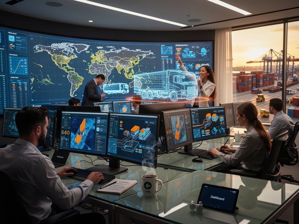 High-tech supply chain control room with AI dashboards and global logistics visualizations overlooking container yard