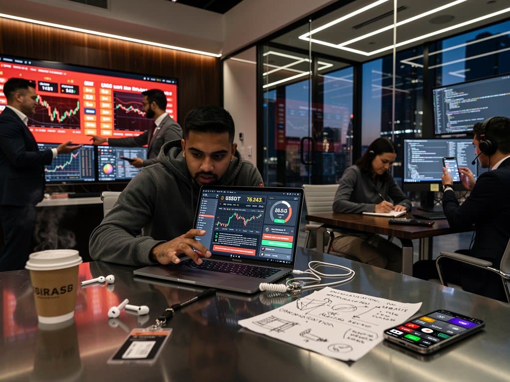 Freelancer at laptop in co-working space viewing USDT and crypto charts against city skyline
