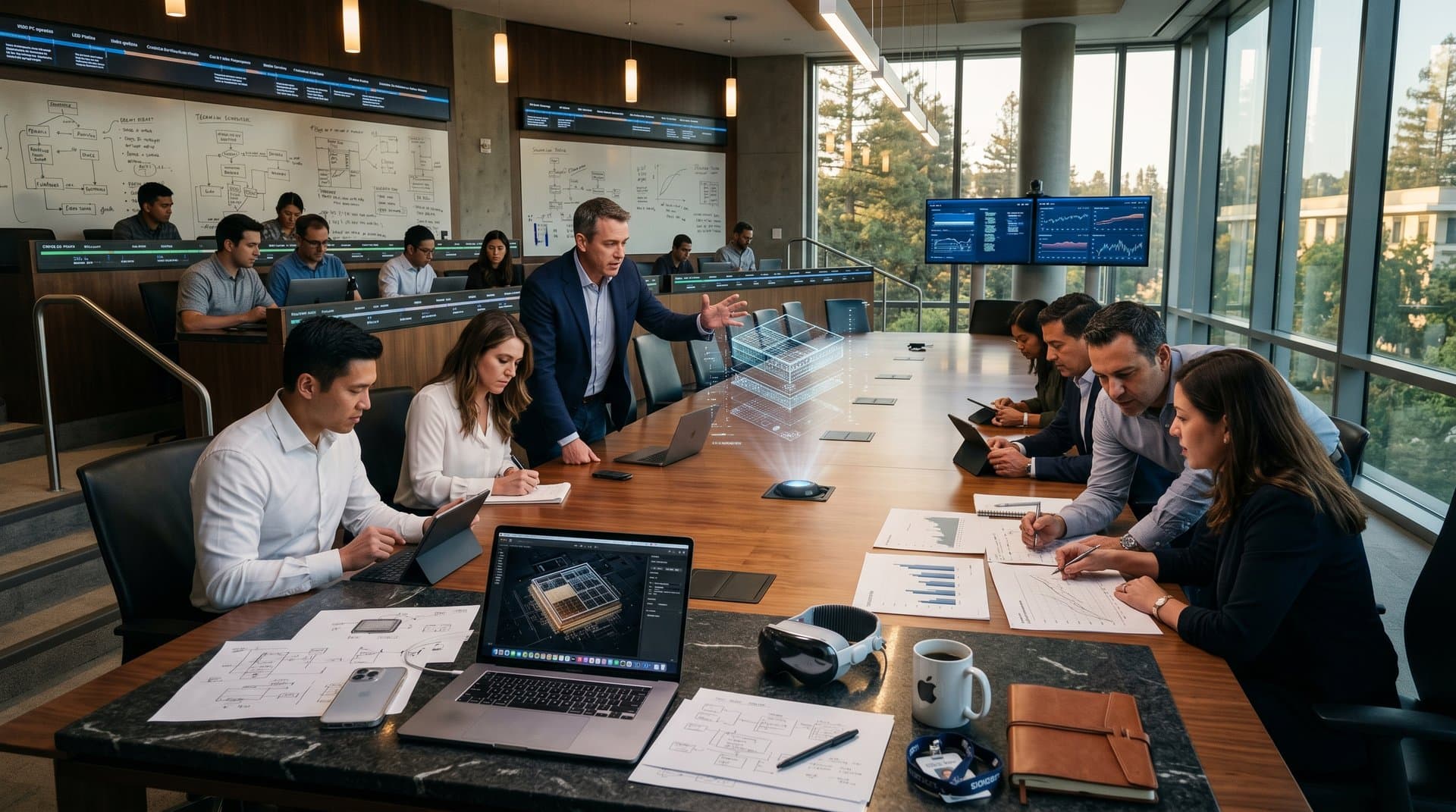 Apple executive boardroom with prototypes, monitors displaying tech charts, and innovation elements symbolizing leadership transition
