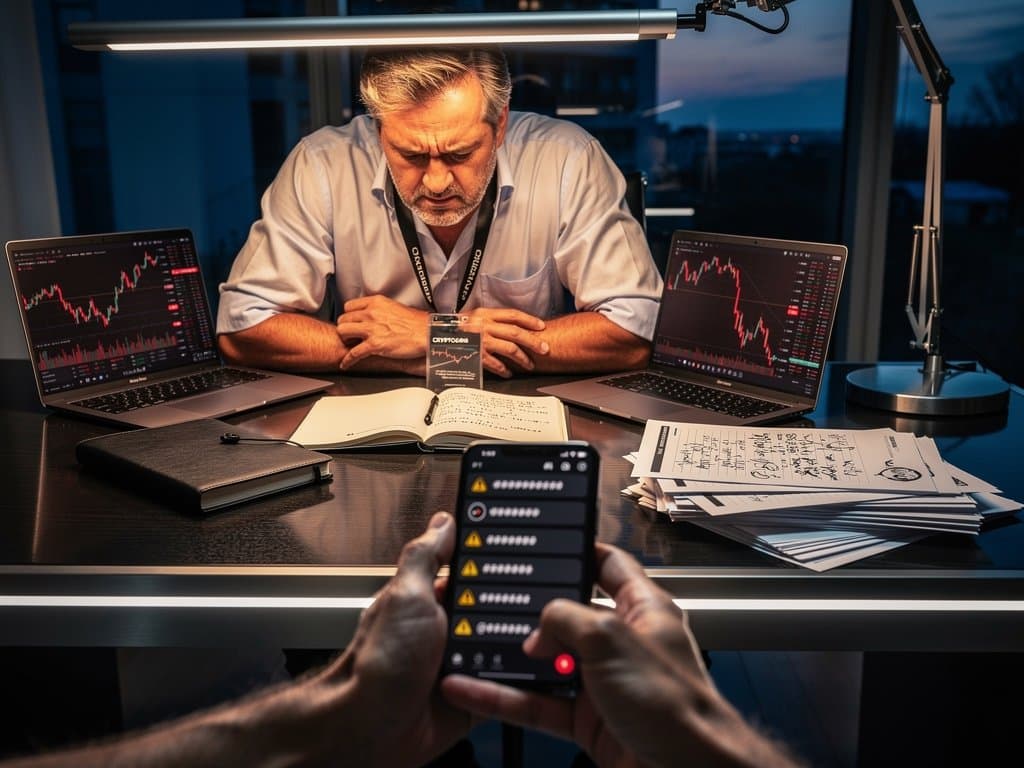 Devastated investor in home office views crashed crypto wallet amid scam alerts