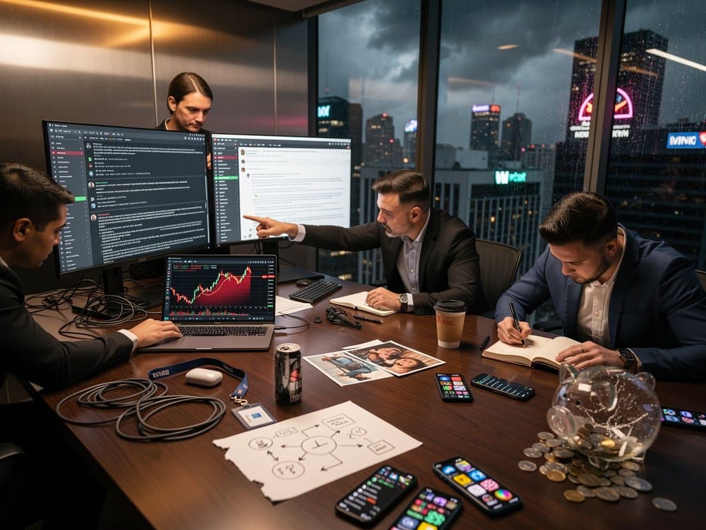 Investigator interviews crypto scam victim with Bitcoin charts and Fear & Greed Index in background