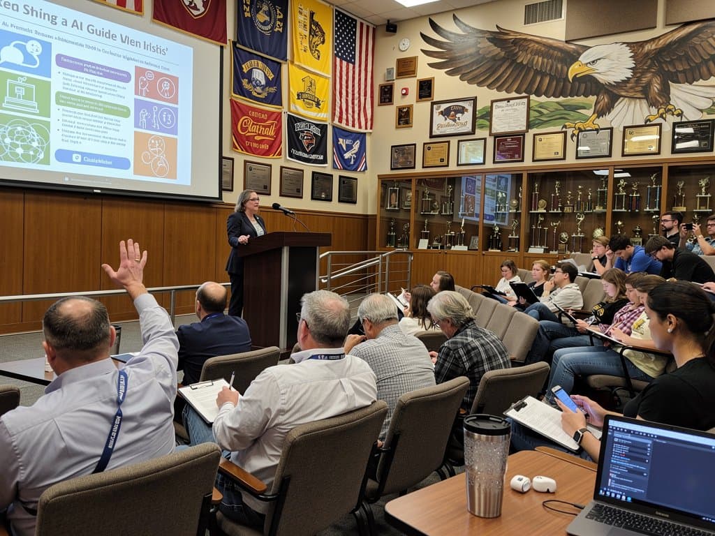 Heated school board meeting in Illinois auditorium debating AI guidebook, projector slides, engaged crowd of teachers parents students