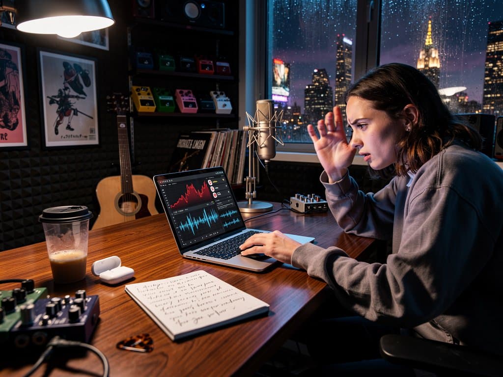 Indie musician views falling Deezer stats amid AI song flood on laptop in home studio