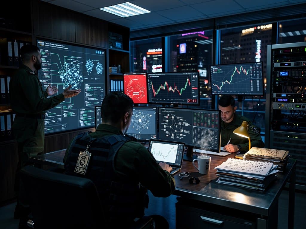 Shadowed IDF officer at laptop with crypto transaction graphs in tense Tel Aviv office