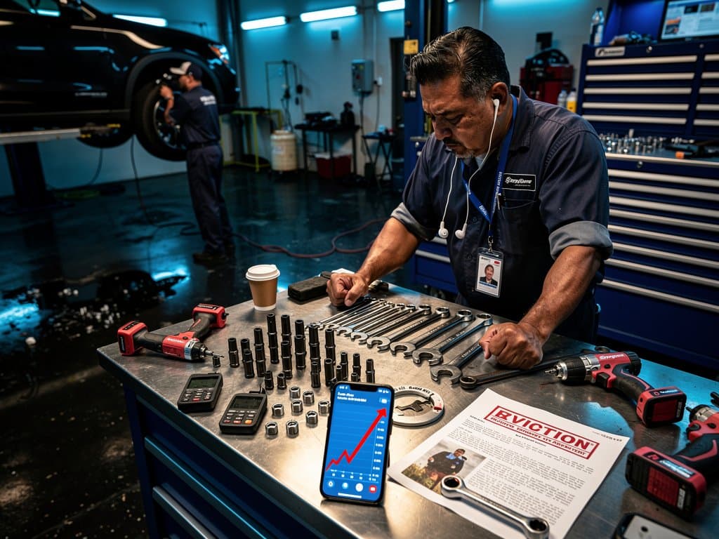 Mechanic views Solana crash on phone with BTC $76K and Fear Index 33 in gritty garage setting