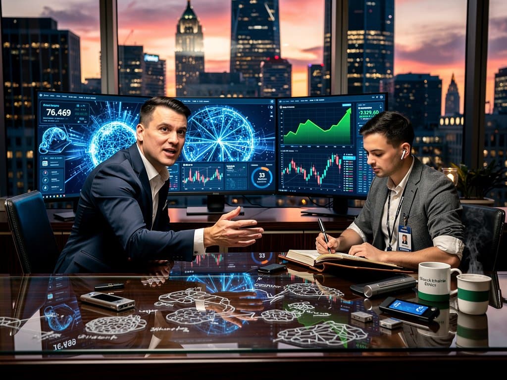 AI neural networks and crypto charts on monitors in modern fintech office at dusk