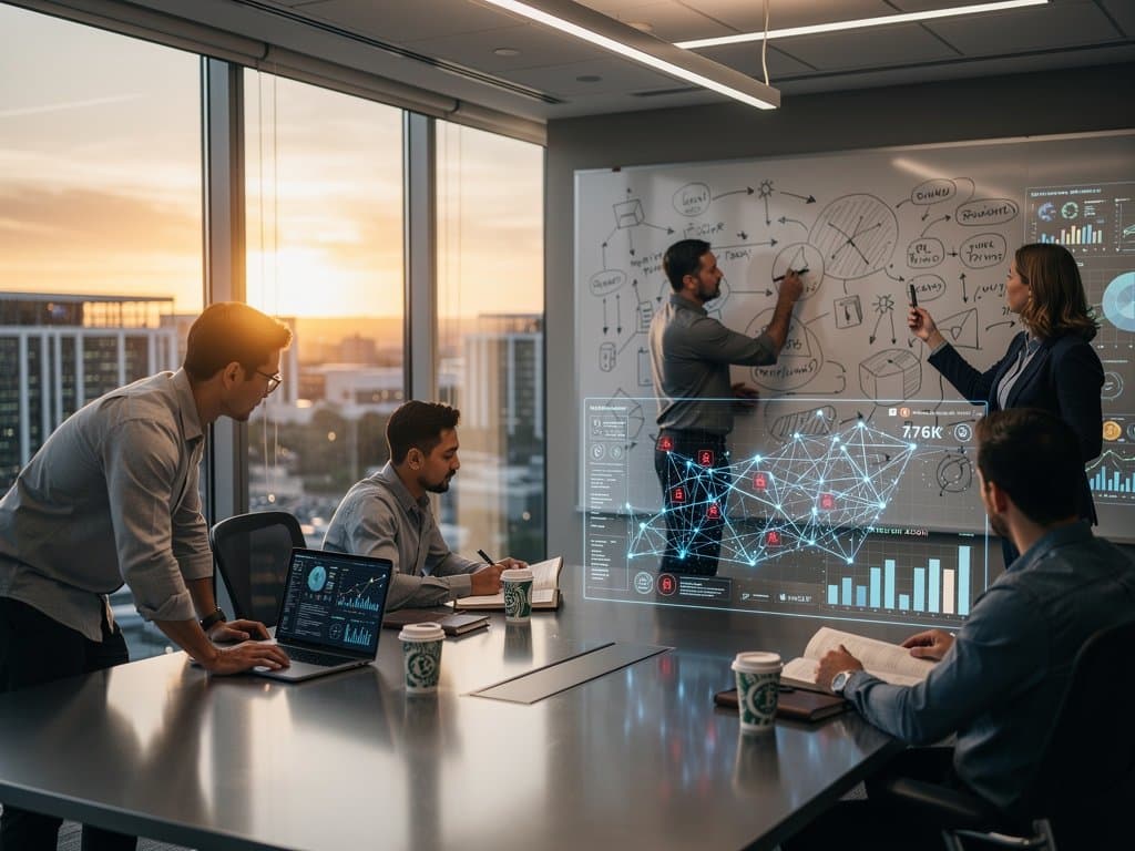 Cybersecurity entrepreneur sketches AI threat models in Silicon Valley conference room with server farm view and crypto tickers