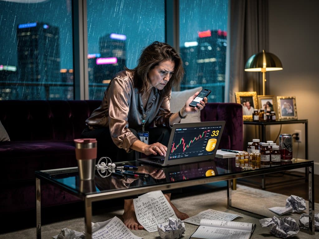 Silhouetted investor in dim room views crashing crypto charts with Fear Index at 33