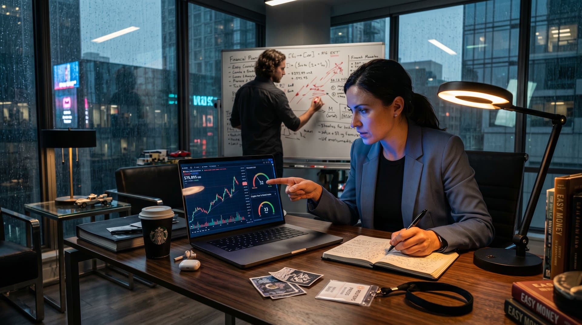 Home office scene with crypto charts on laptop, Fear & Greed Index, hype notes on whiteboard, embodying documentary skepticism on cryptocurrency promoters