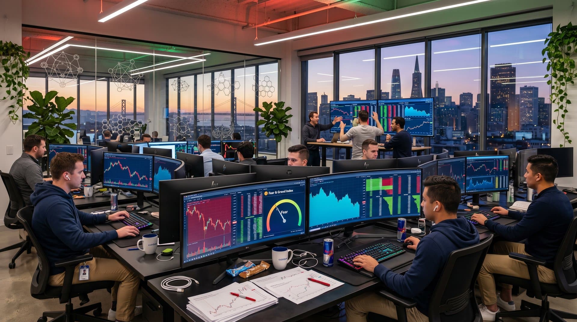 Traders monitoring BTC at $75K and crypto markets on exchange floor with charts and Fear & Greed Index