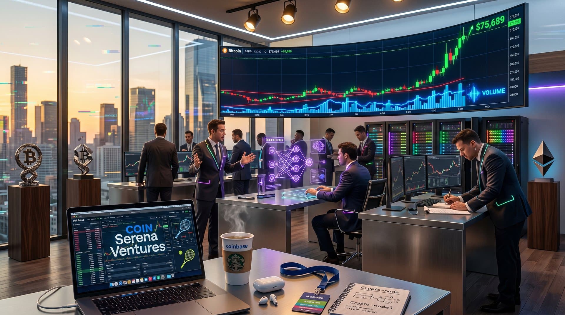 Crypto traders monitor Bitcoin at $75K on screens in modern Coinbase office with blockchain visuals