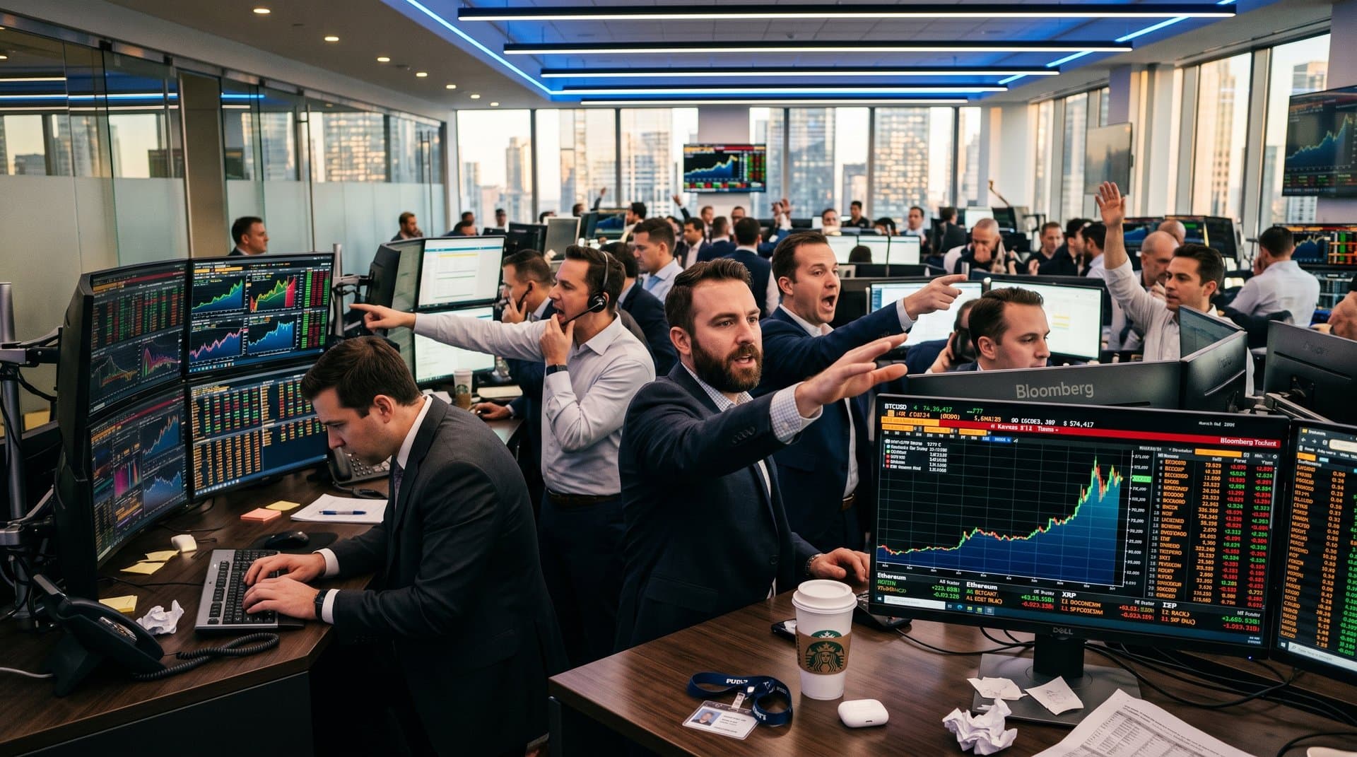 Trading floor Bloomberg terminal showing BTC $76K chart with crypto tickers amid market volatility