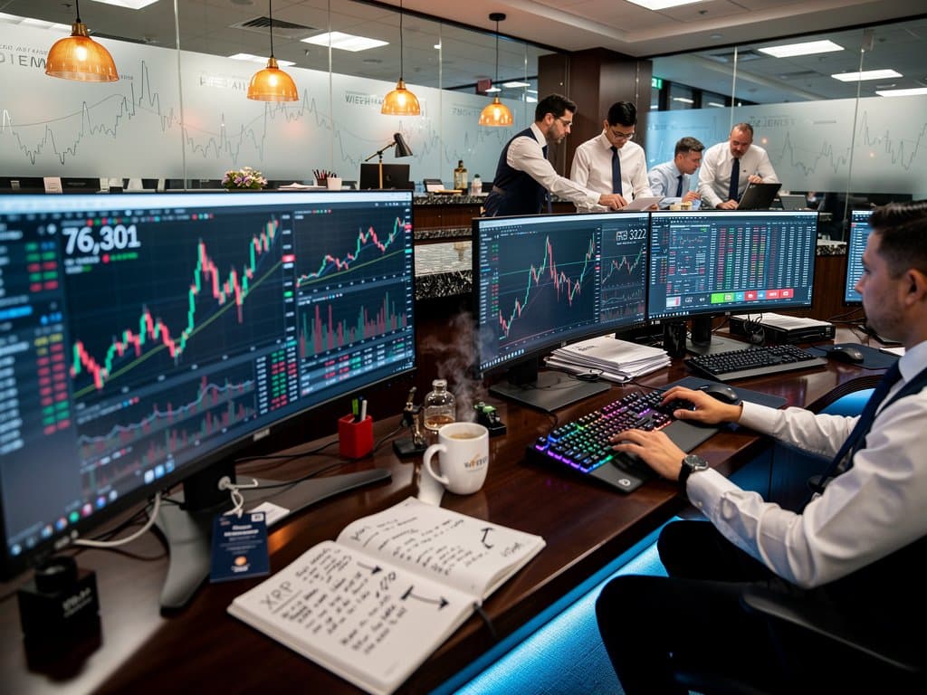 Traders at a high-tech desk scrutinize Bitcoin and Ethereum prices on Bloomberg terminals amid market volatility