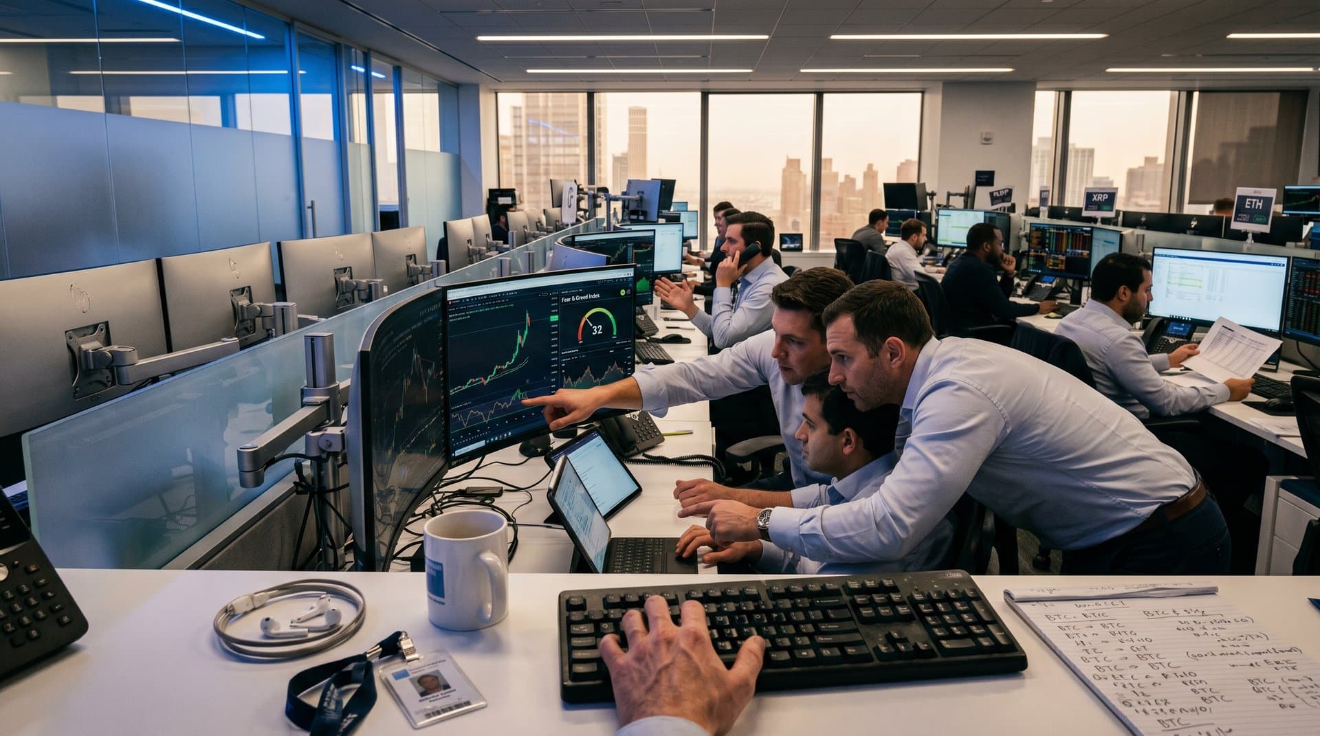 Traders at Bloomberg terminals on Goldman Sachs floor monitor BTC $77k charts and Fear & Greed 32 amid busy trading activity