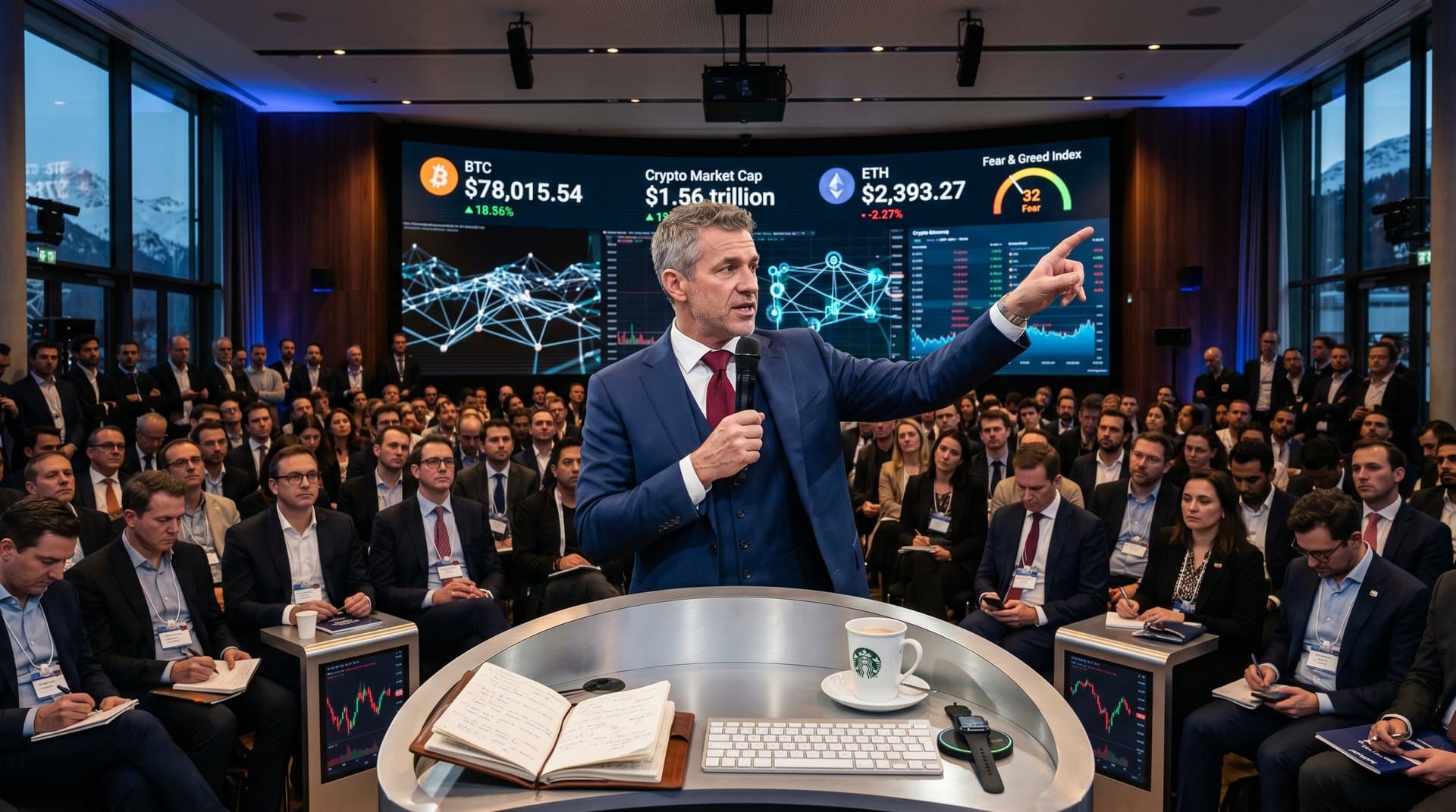 Futurist speaker on conference stage with crypto charts, engaged executive audience under spotlights (98 chars)